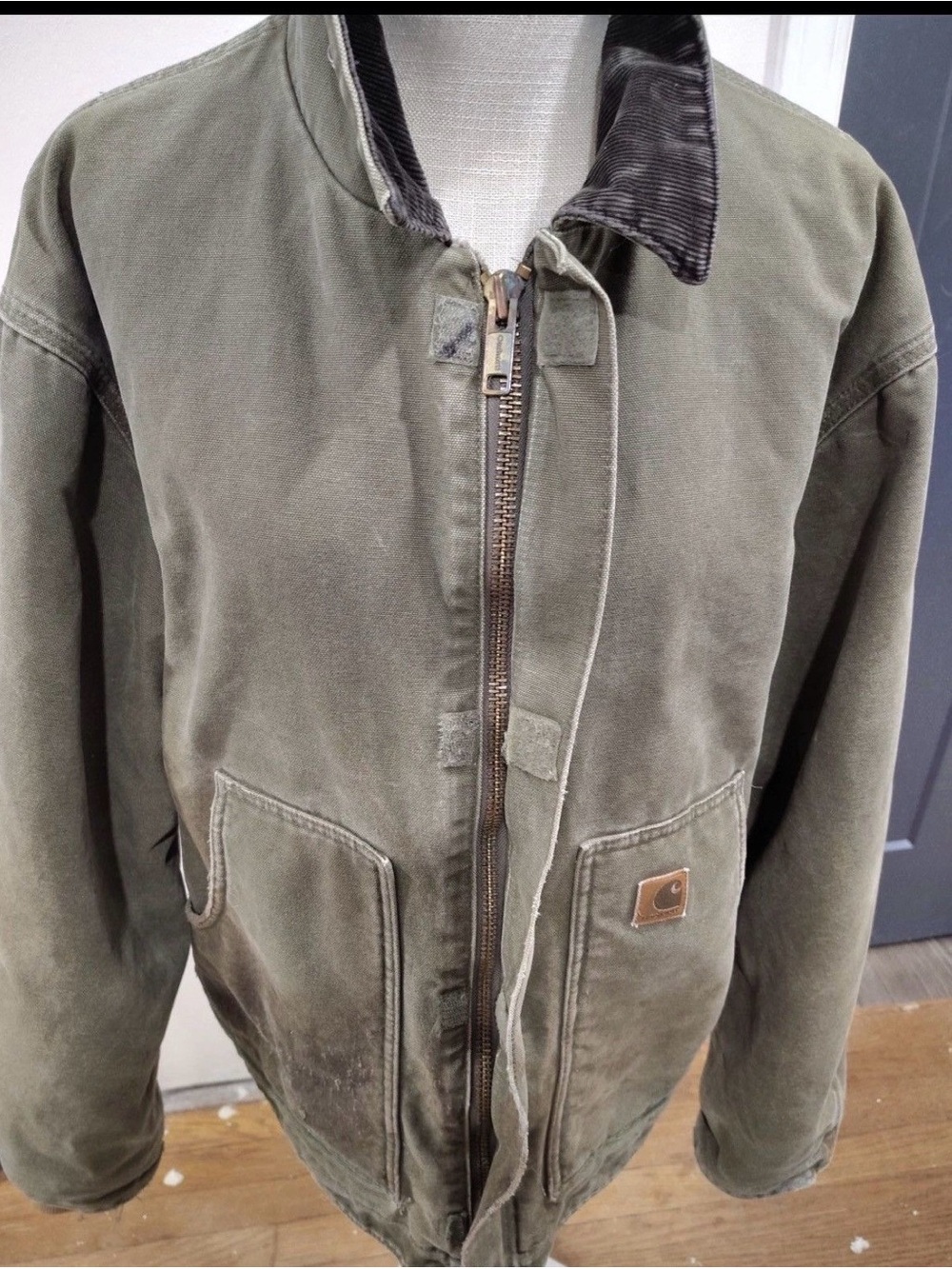 Carhartt Olive Green Duck Canvas Jacket with Corduroy Collar